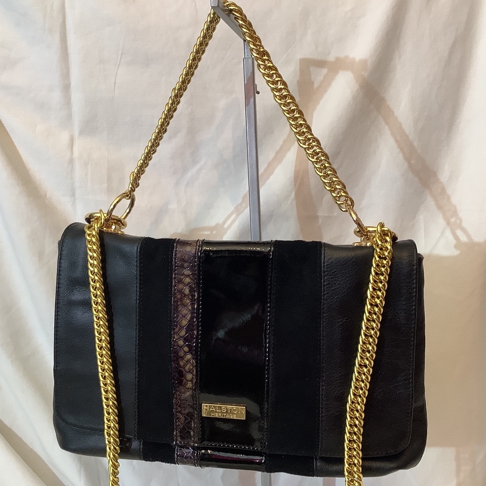 EUC‎ Halston Heritage Black Leather suede shoulder  crossbody gold chain